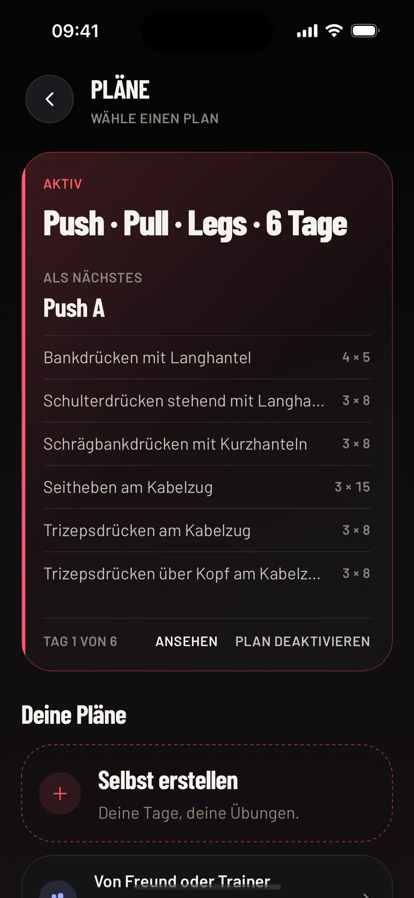 Pläne: Du trainierst nach Push · Pull · Legs, darunter deine eigenen Pläne und die fertigen Pläne