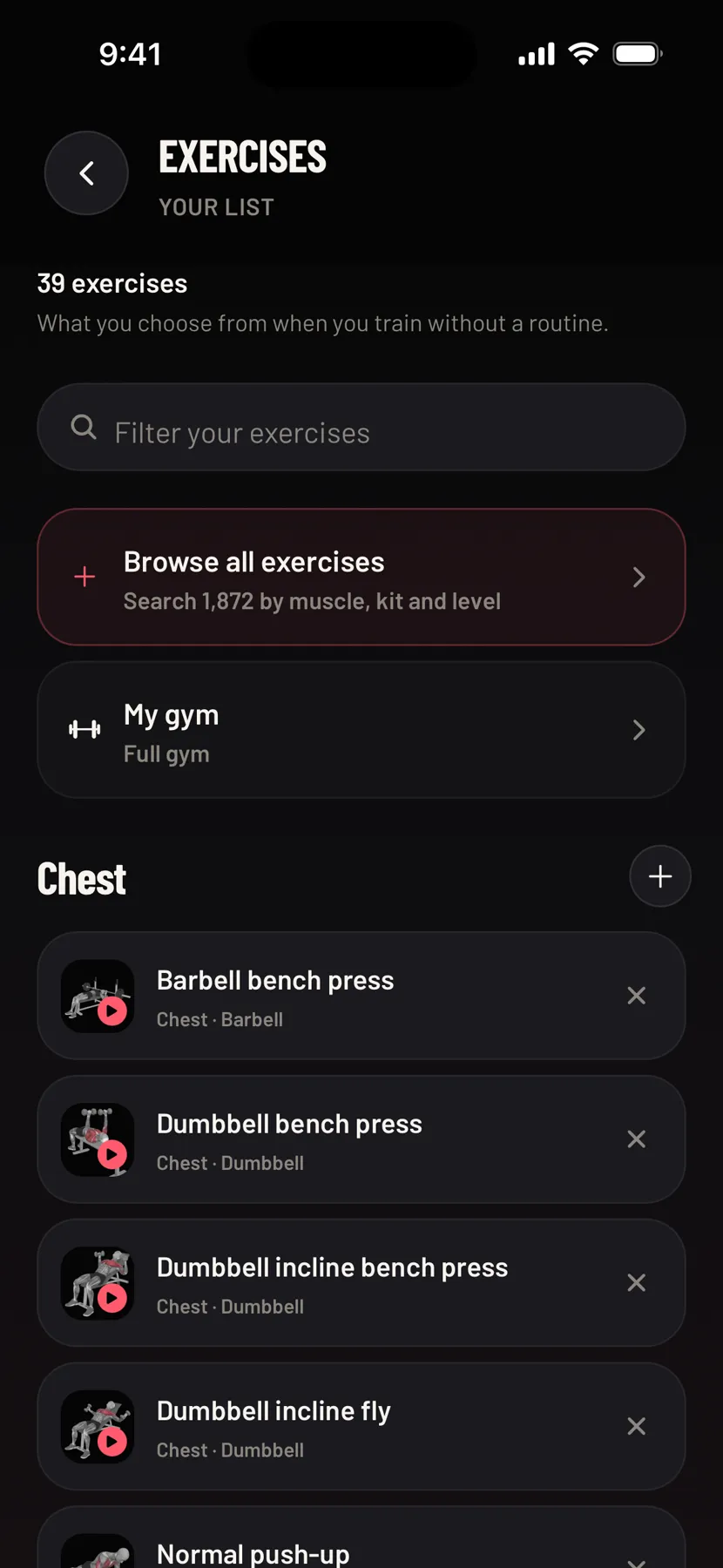 The exercise list, filtered to the equipment your gym has