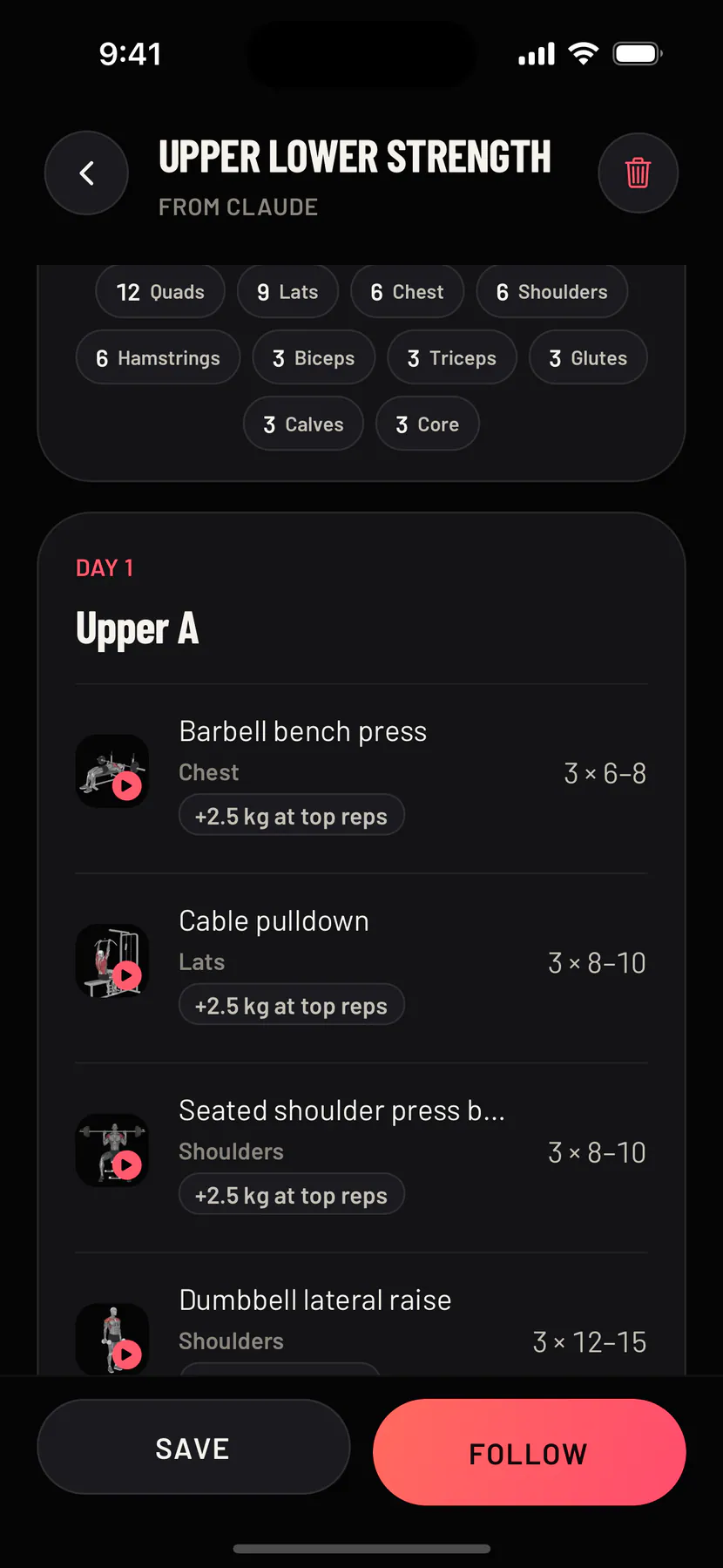 Le programme de Claude, ouvert sur le téléphone : le nom du programme avec la mention de Claude, les muscles travaillés, chaque jour avec une image par exercice, et les boutons Enregistrer et Suivre