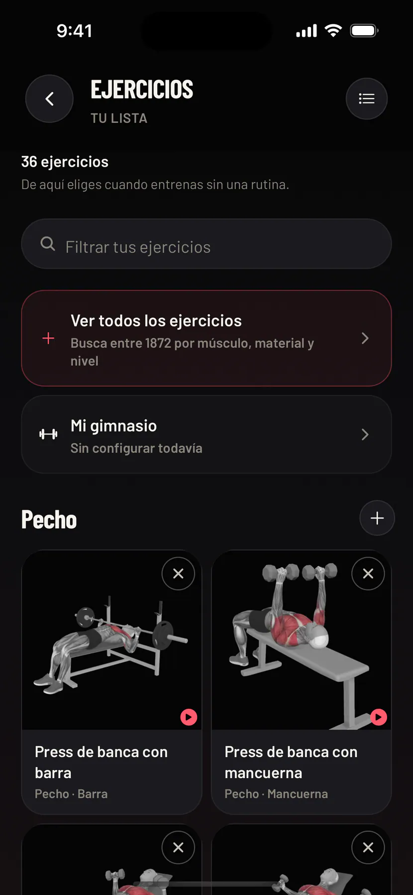 Tu lista de ejercicios, con el buscador y Mi gimnasio, para filtrarla según el material que tengas