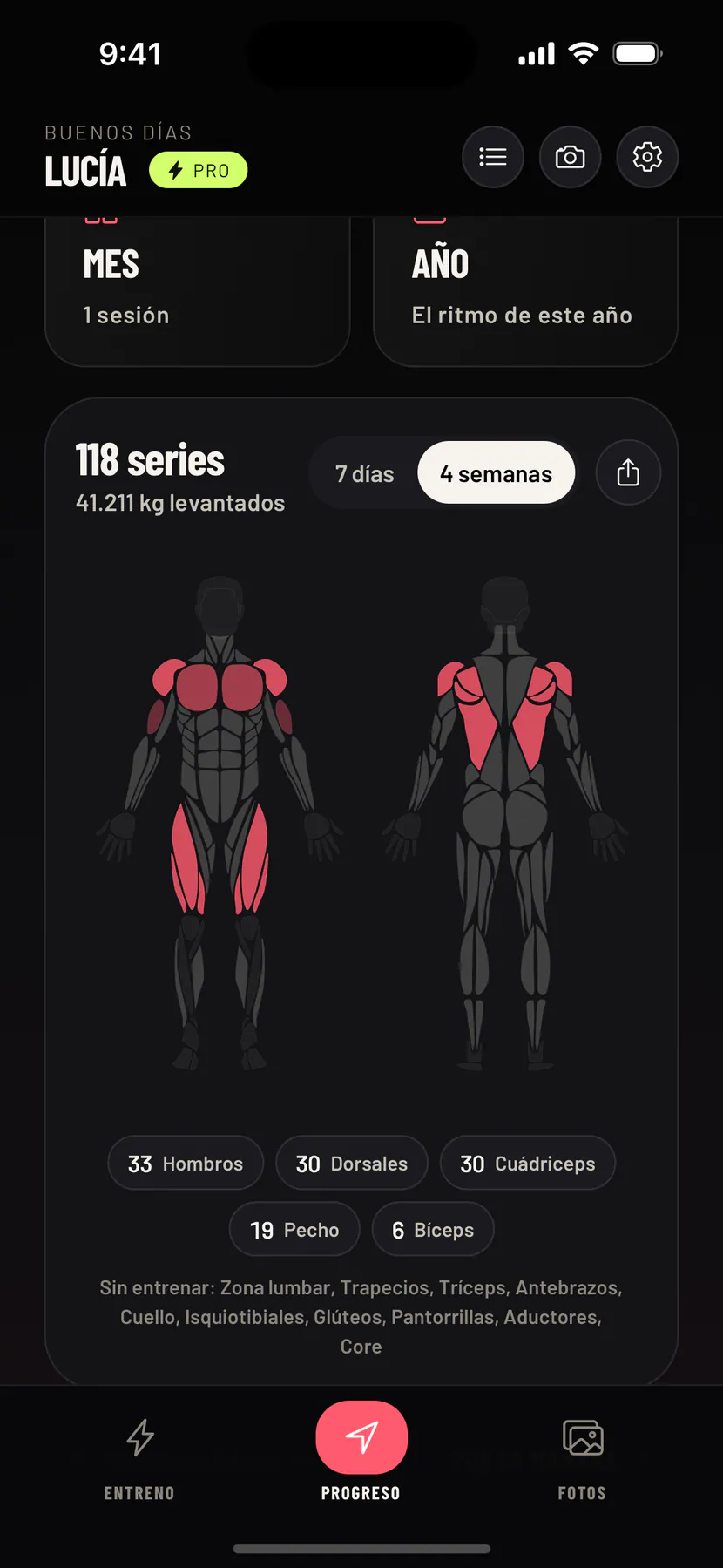 La pestaña Progreso con la figura del cuerpo: los músculos de las últimas semanas sombreados, y las series y los kilos levantados