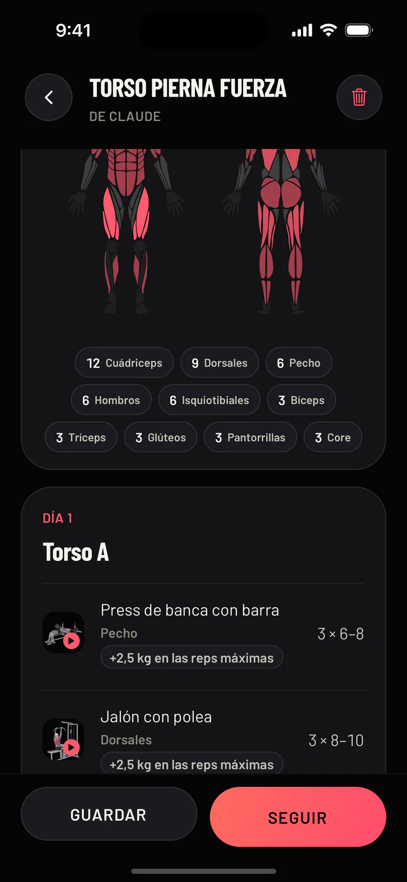 El plan de Claude, abierto en el teléfono: el nombre del plan con De Claude, los músculos que trabaja, cada día con una foto para cada ejercicio y los botones Guardar y Seguir