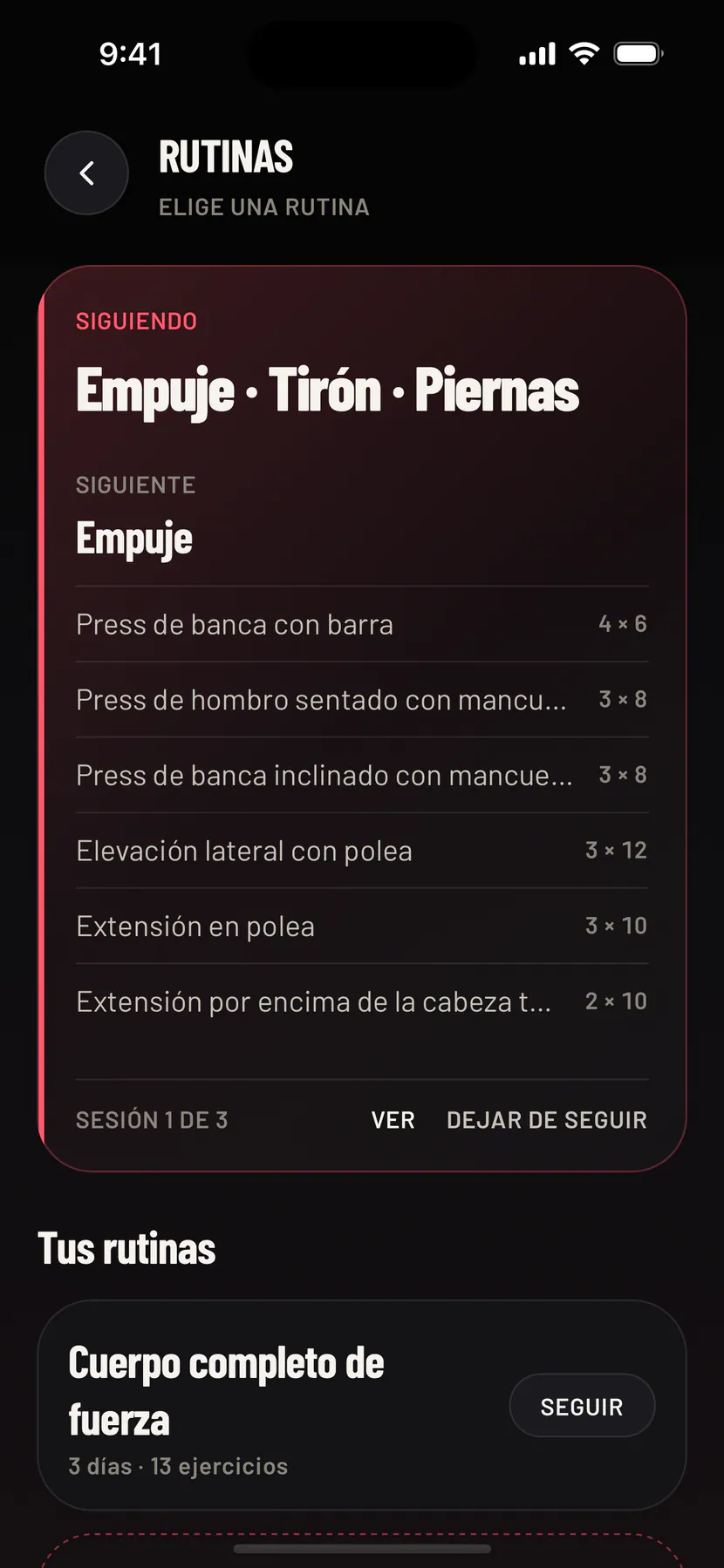 Rutinas: siguiendo Empuje · Tirón · Piernas, con tus propias rutinas y las rutinas ya hechas debajo