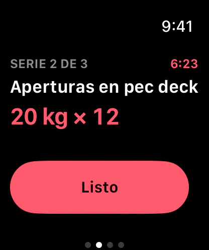 La app del reloj en plena sesión: la serie, el ejercicio, el peso por repeticiones y un botón Listo