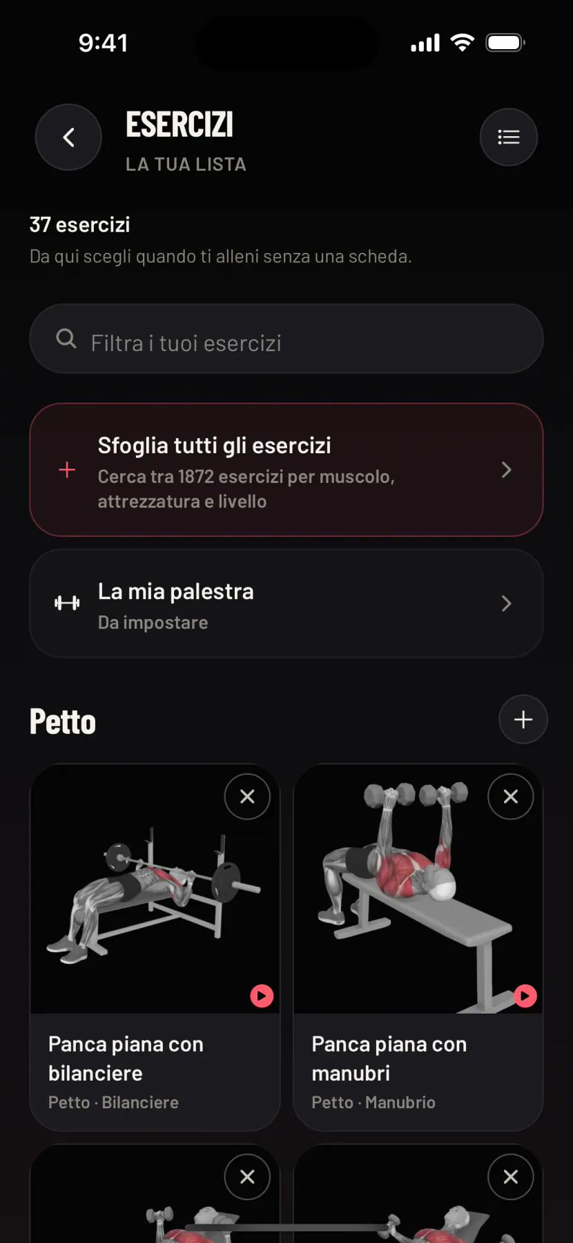 L'elenco dei tuoi esercizi, con la ricerca e La mia palestra, per filtrarli in base all'attrezzatura che hai