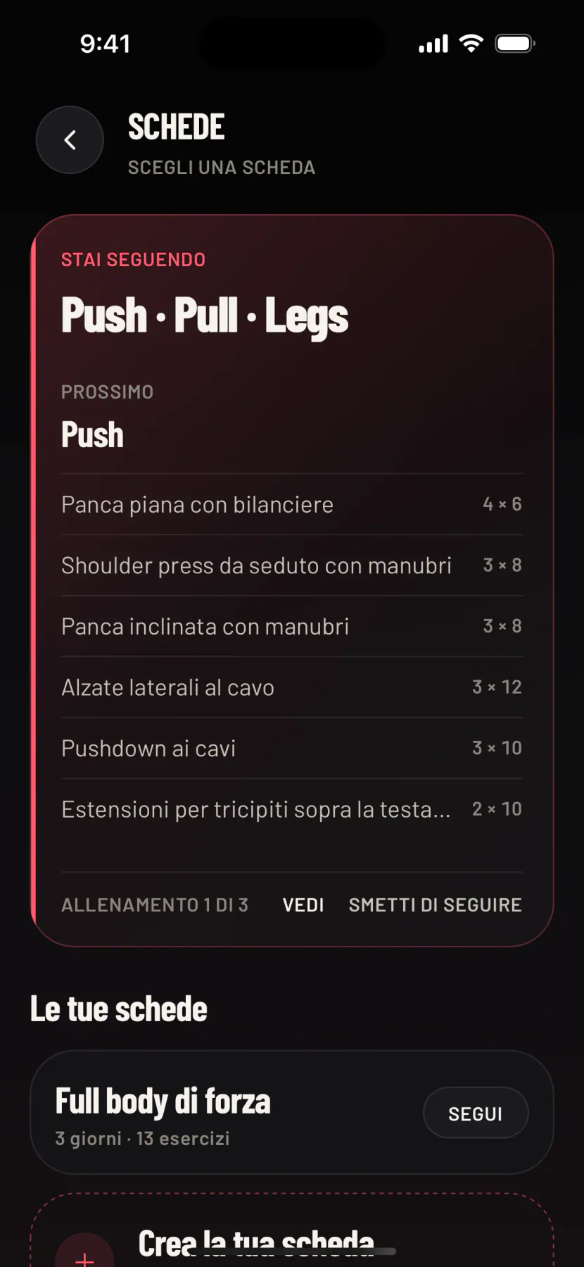 Schede: stai seguendo Push · Pull · Legs, con le tue schede e le schede pronte più in basso