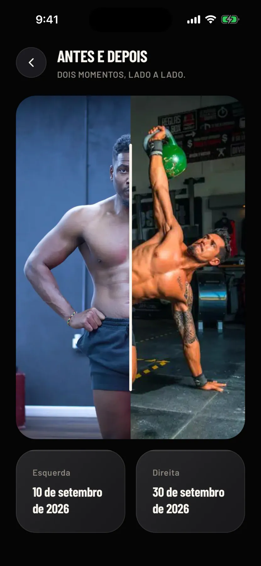 Duas fotos de progresso com um controle deslizante entre elas
