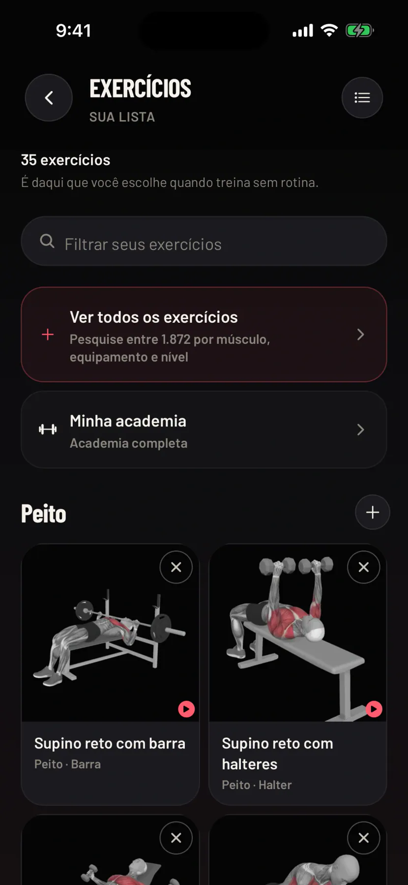 A lista de exercícios, com a busca e a opção Minha academia, que filtra pelos equipamentos da sua academia