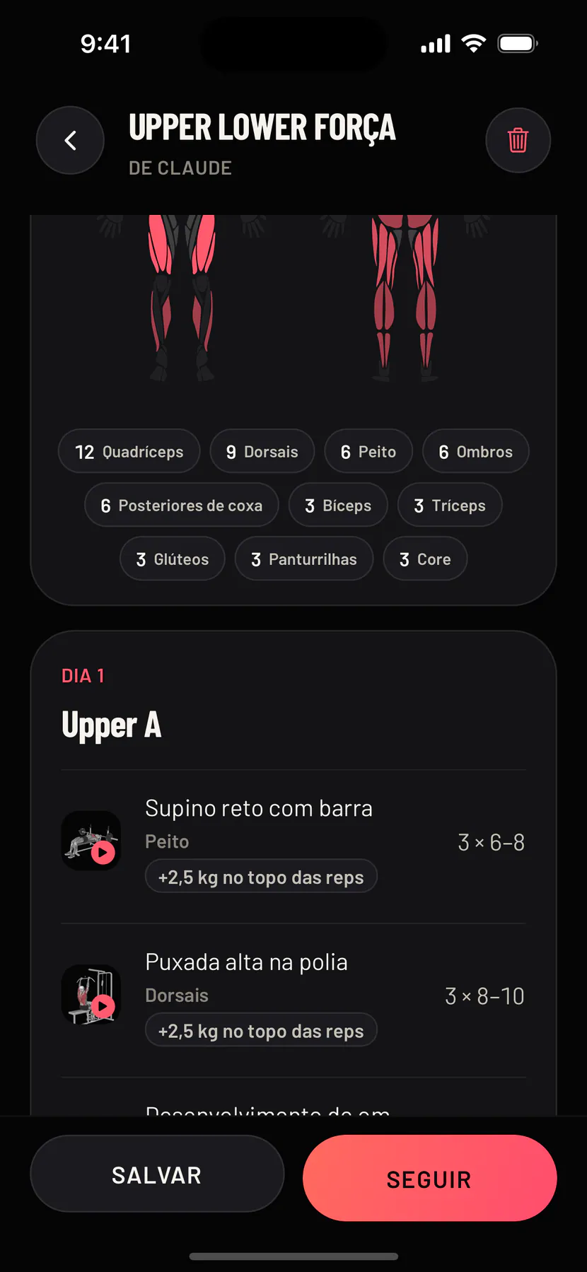 A rotina do Claude, aberta no celular: o nome da rotina com De Claude, os músculos que ela trabalha, cada dia com uma imagem para cada exercício e os botões Salvar e Seguir