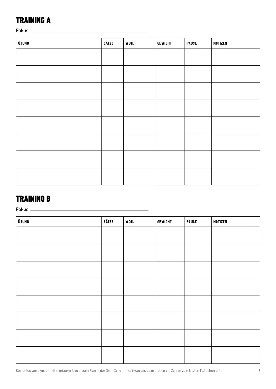 Eine Trainingsseite der Vorlage: Training A und B mit je acht Zeilen für Übung, Sätze, Wiederholungen, Gewicht, Pause und Notizen