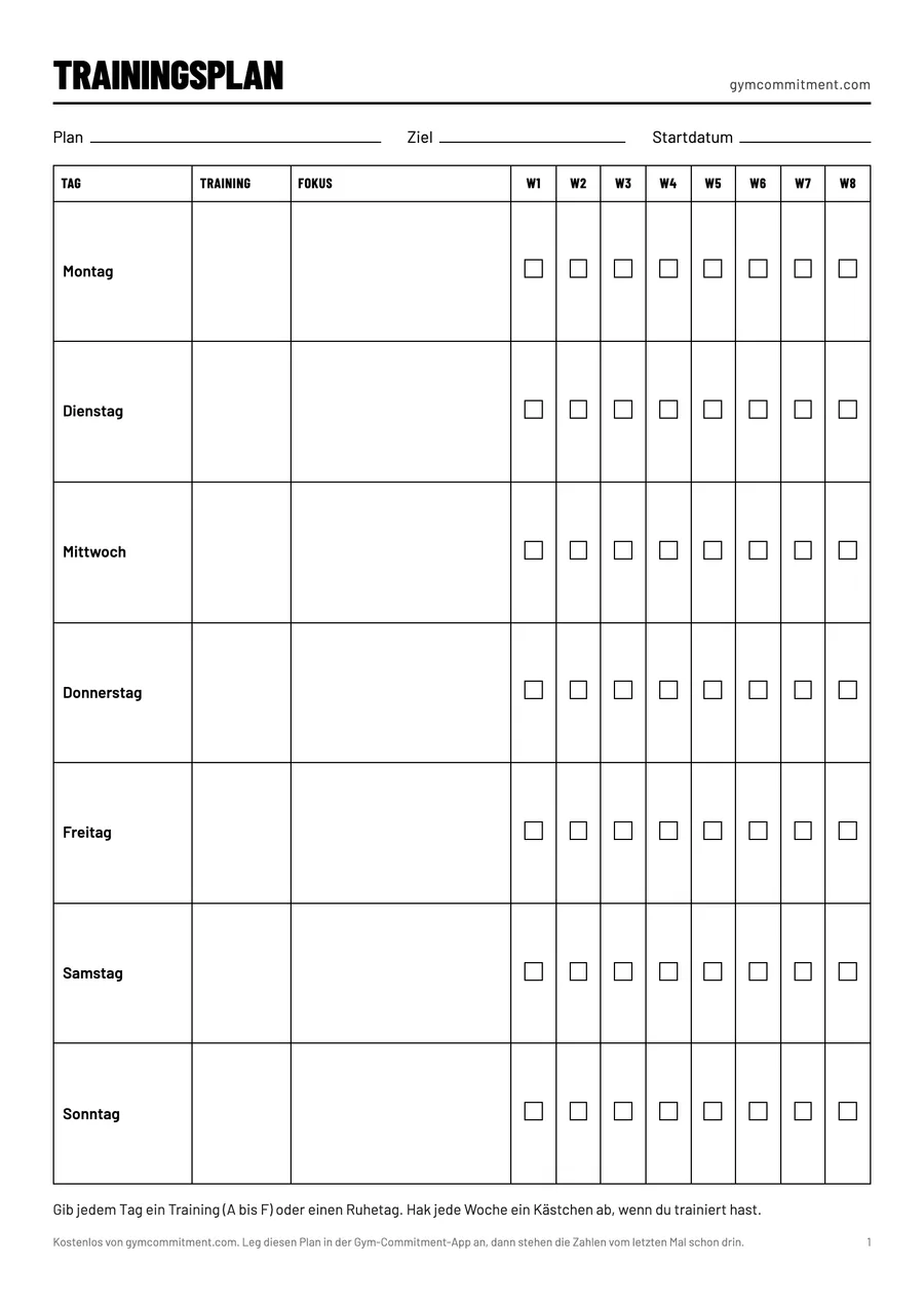 Die Wochenseite der Trainingsplan-Vorlage: Planname, Ziel und Startdatum, dann Montag bis Sonntag mit Training, Fokus und Kästchen für acht Wochen