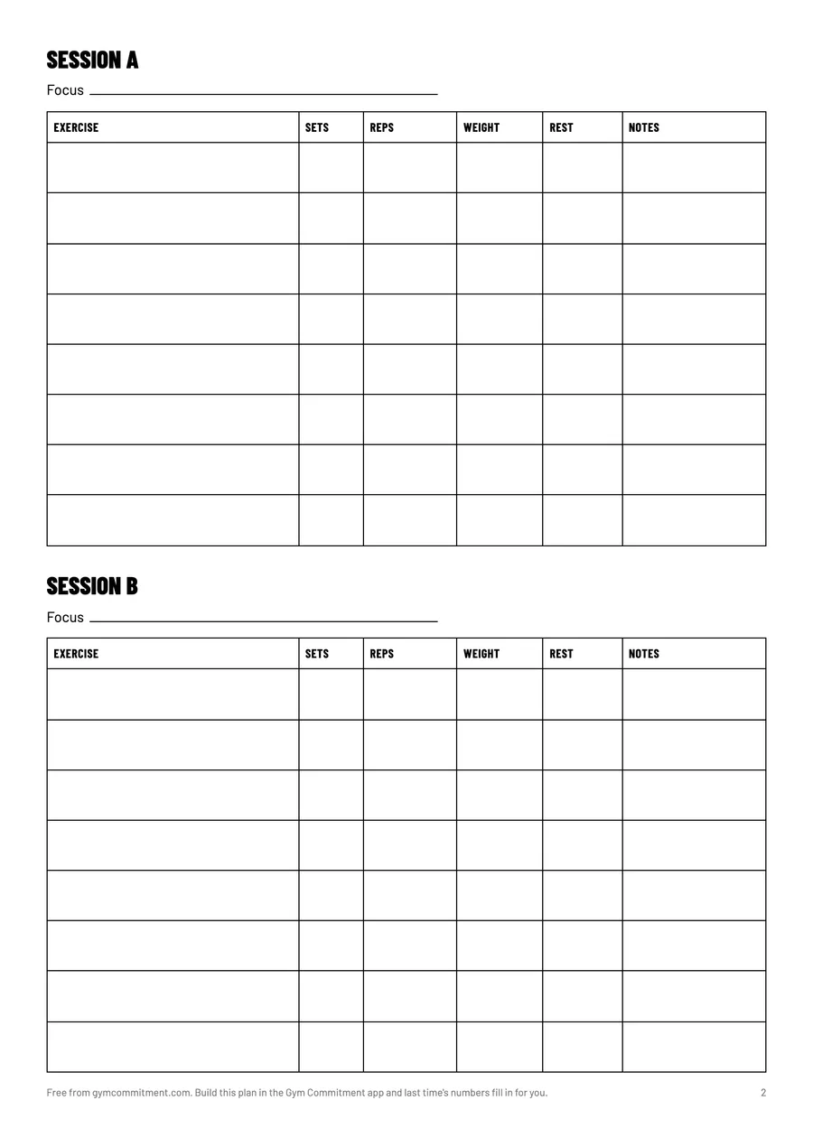 A session page of the workout plan template: sessions A and B, each with eight rows for exercise, sets, reps, weight, rest and notes