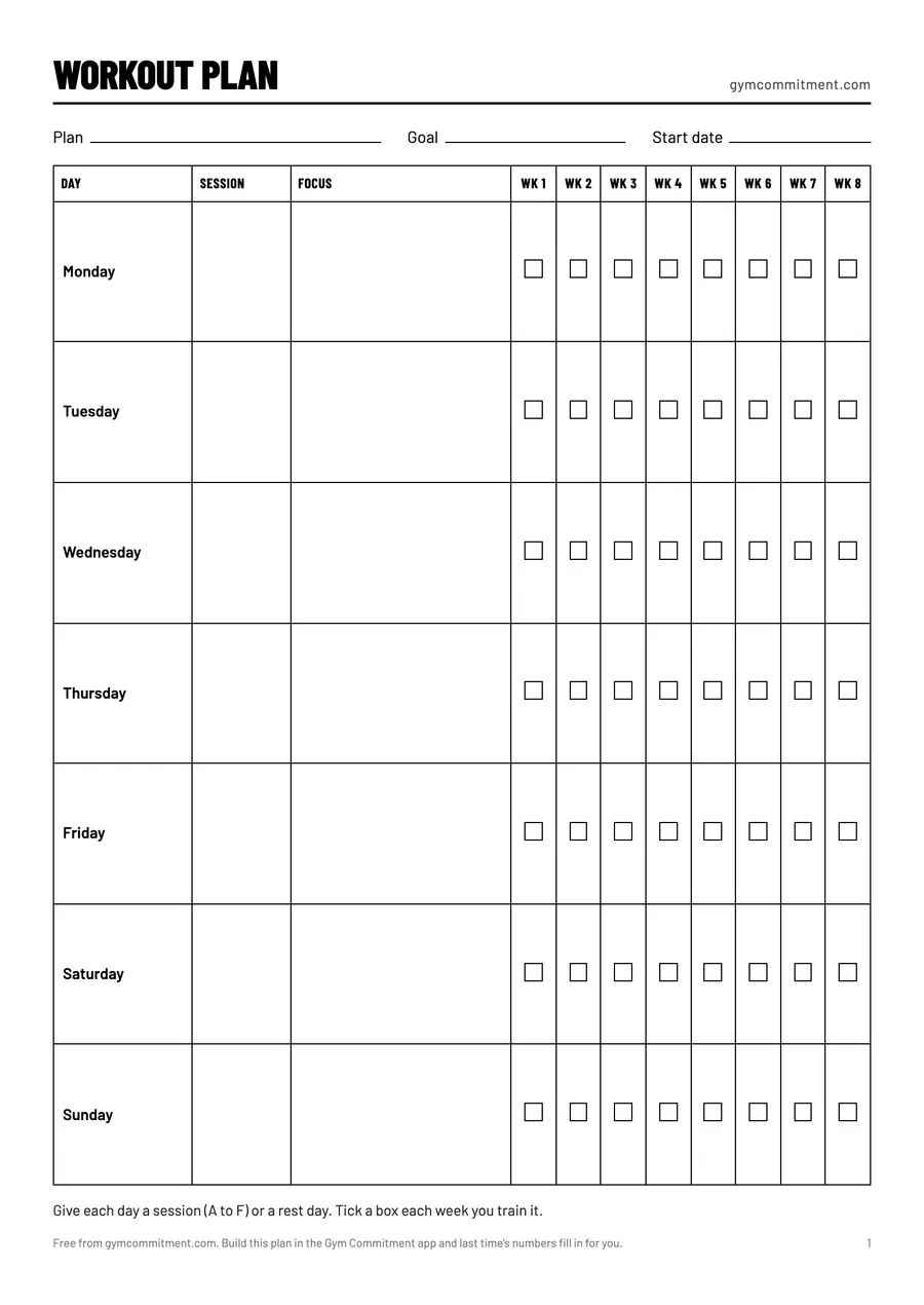 The week page of the workout plan template: plan name, goal and start date, then Monday to Sunday with a session, a focus and eight weeks of tick boxes