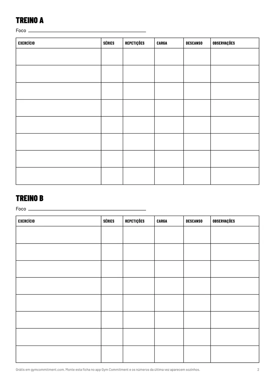 Uma página de treinos da planilha: os treinos A e B, cada um com oito linhas para exercício, séries, repetições, carga, descanso e observações